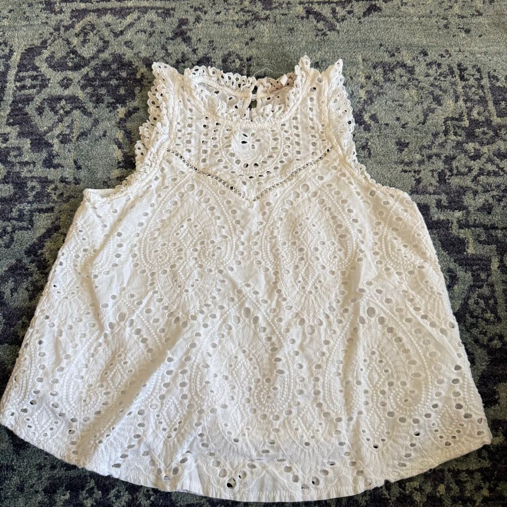Skies are Blue Preppy Eyelit Cutout Ruffle White Summer Top Bohemian Cotton